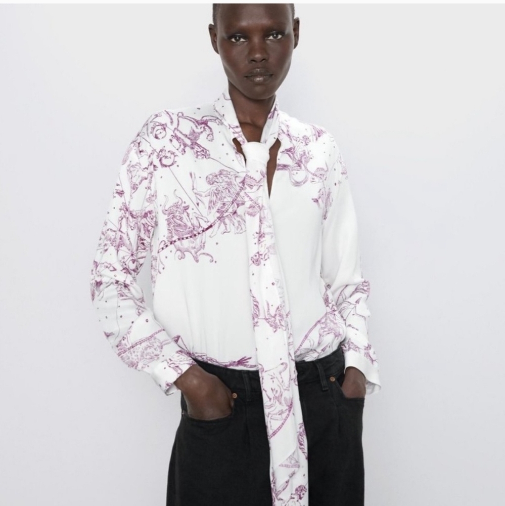 Zara Zodiac Horoscope Campaign Collection Printed Shirt With Tie Blouse SMALL